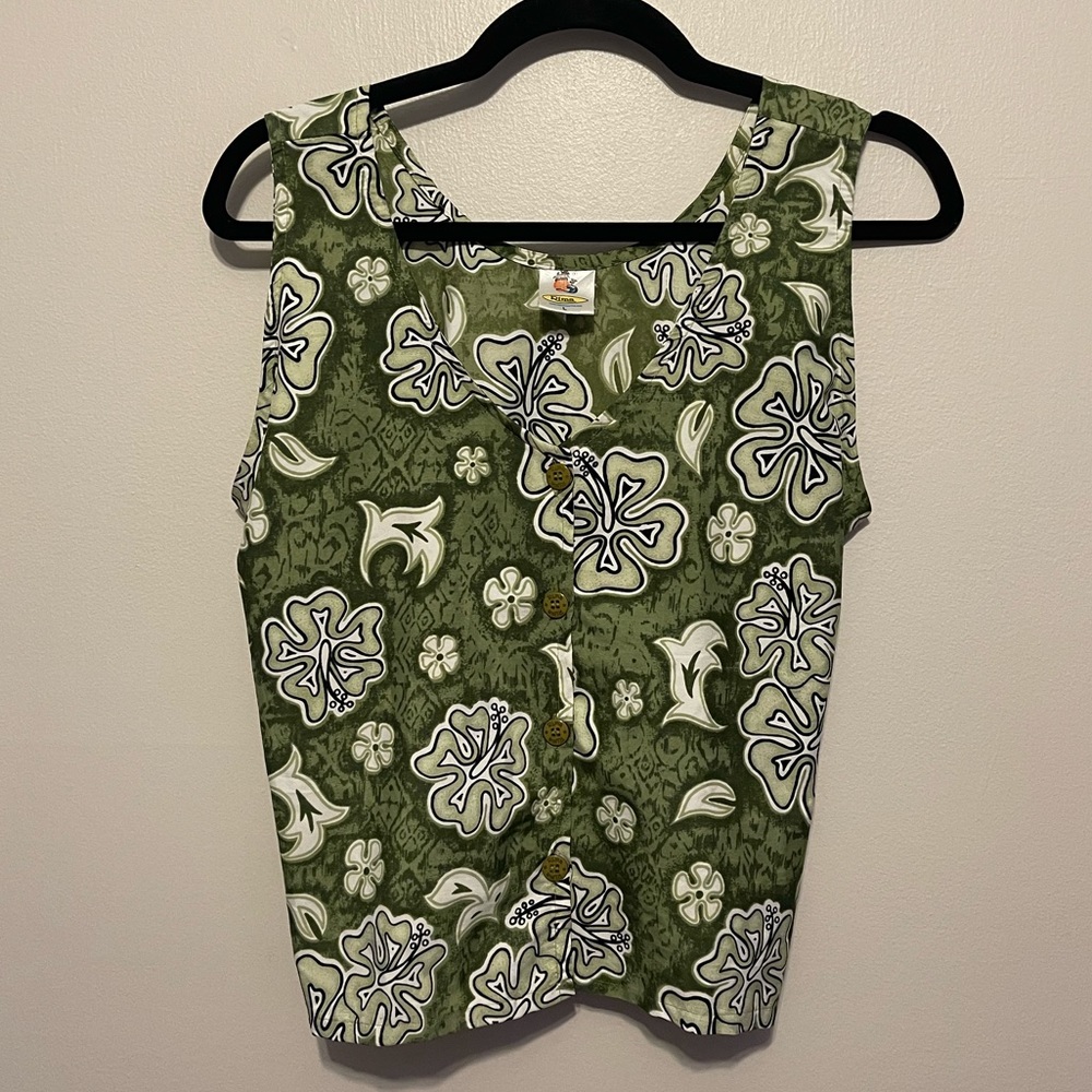 Rima Vintage Hawaiian Print Button Up Tank Top w/ Tie Belt
